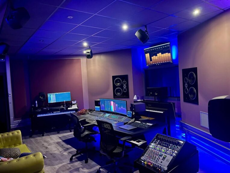 Control room of the 7.1.4 Dolby Atmos studio