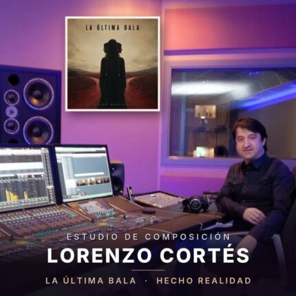 Lorenzo Cortés in his studio control room with the cover of La Última Bala's EP Hecho Realidad